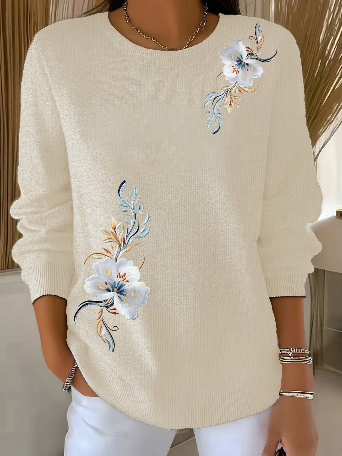 Suéter de mujer con flores estampadas y cuello redondo casual