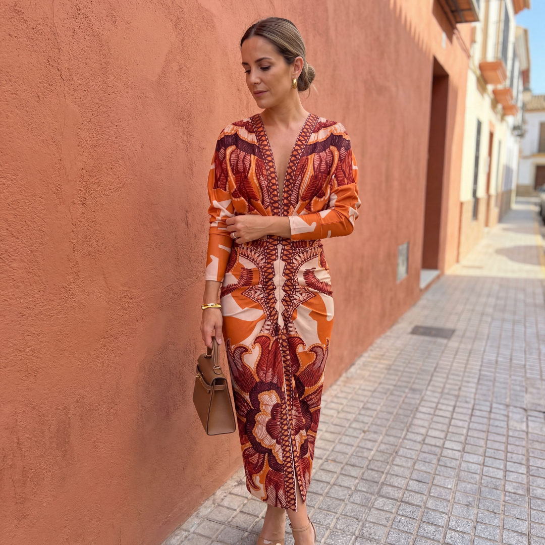 Vestido mujer elegante escote V estampado – vestido midi cruzado fluido