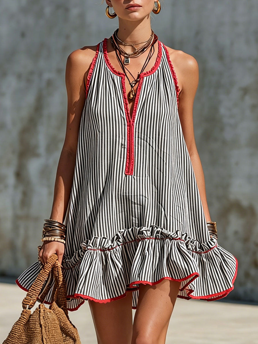 Vestido mini mujer halter de rayas con volantes estilo verano