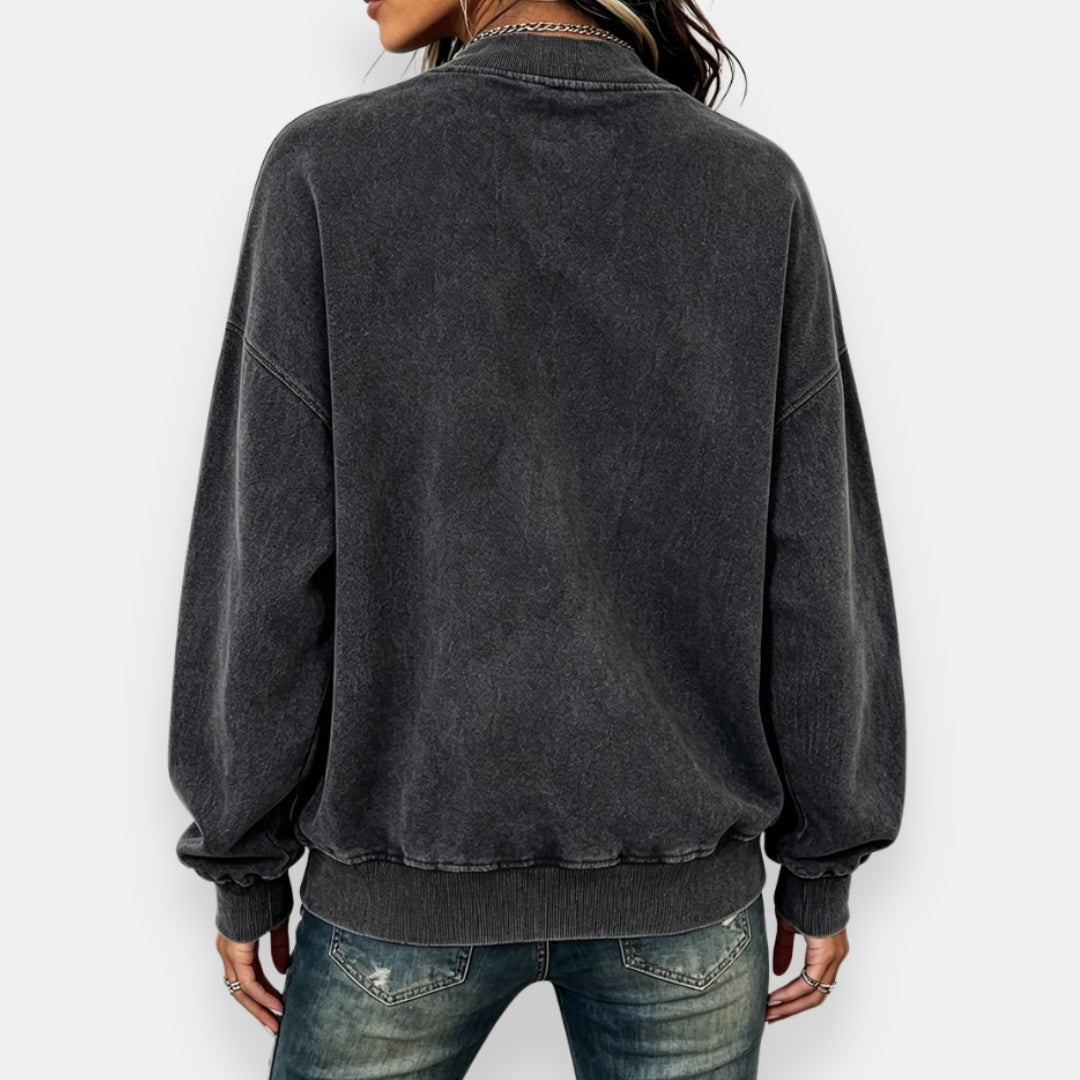 Sudadera oversize para mujer con cremallera diagonal y efecto vintage
