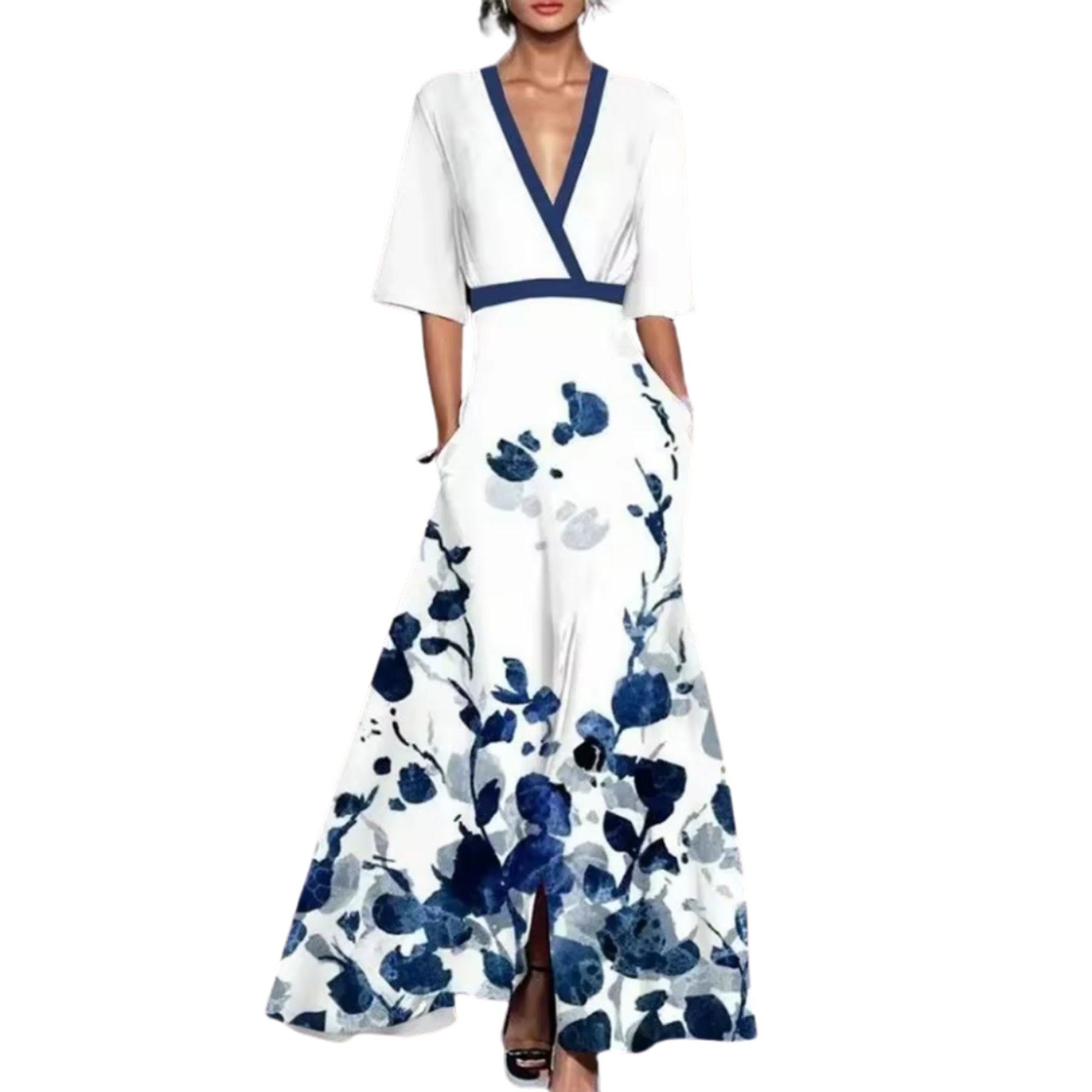 Vestido Largo Mujer Floral Elegante – Escote V y Cintura Ajustable