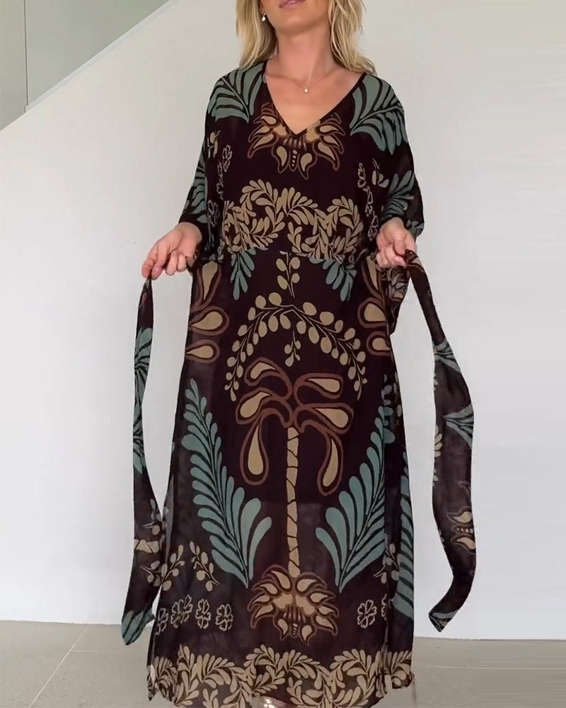Vestido bohemio mujer maxi estampado hojas fluido elegante