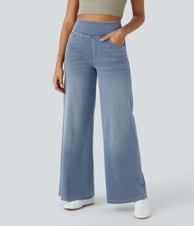 Jean mujer pierna ancha talle alto denim elástico moldeador casual moderno