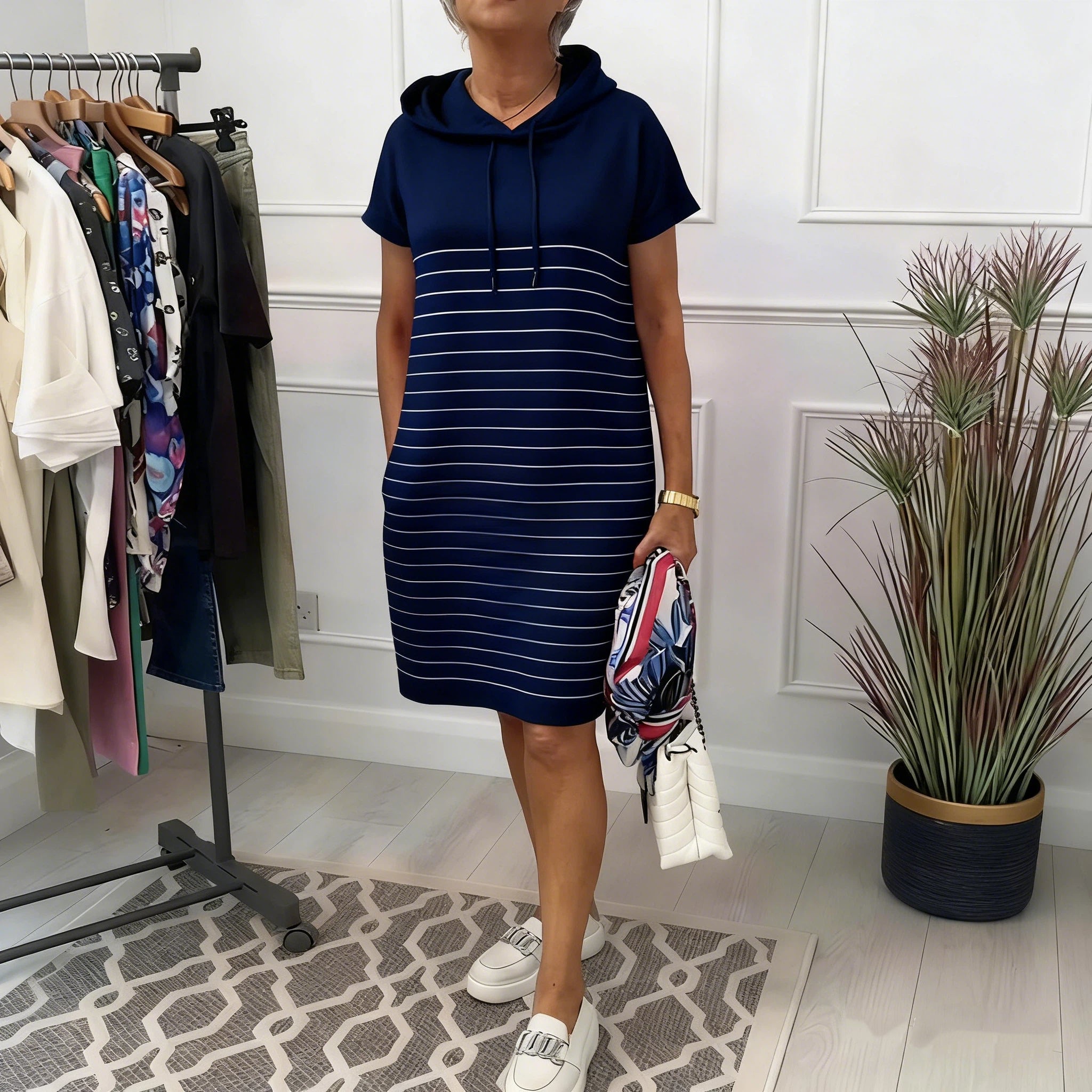 Vestido Casual Mujer con Capucha – Diseño Rayado Cómodo y Moderno
