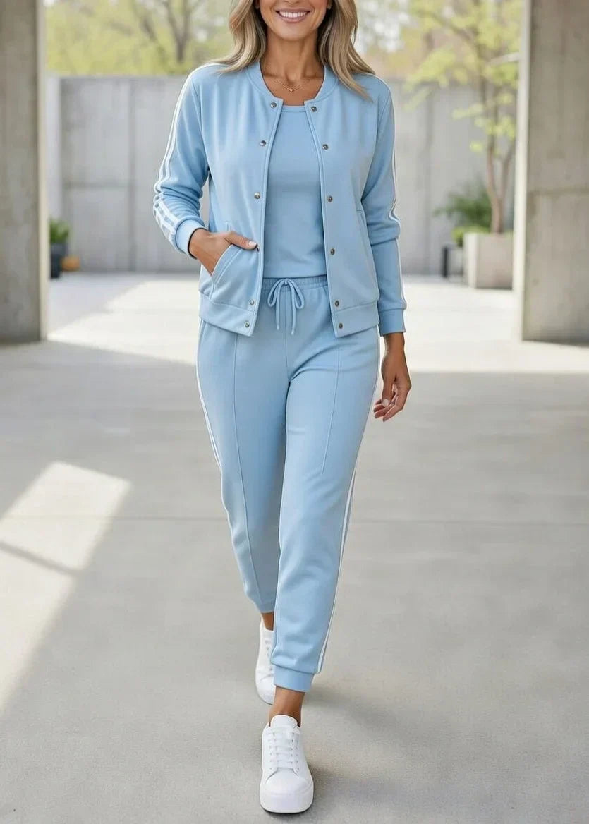 Conjunto mujer 3 piezas sport chic – chaqueta pantalón rayas elegantes