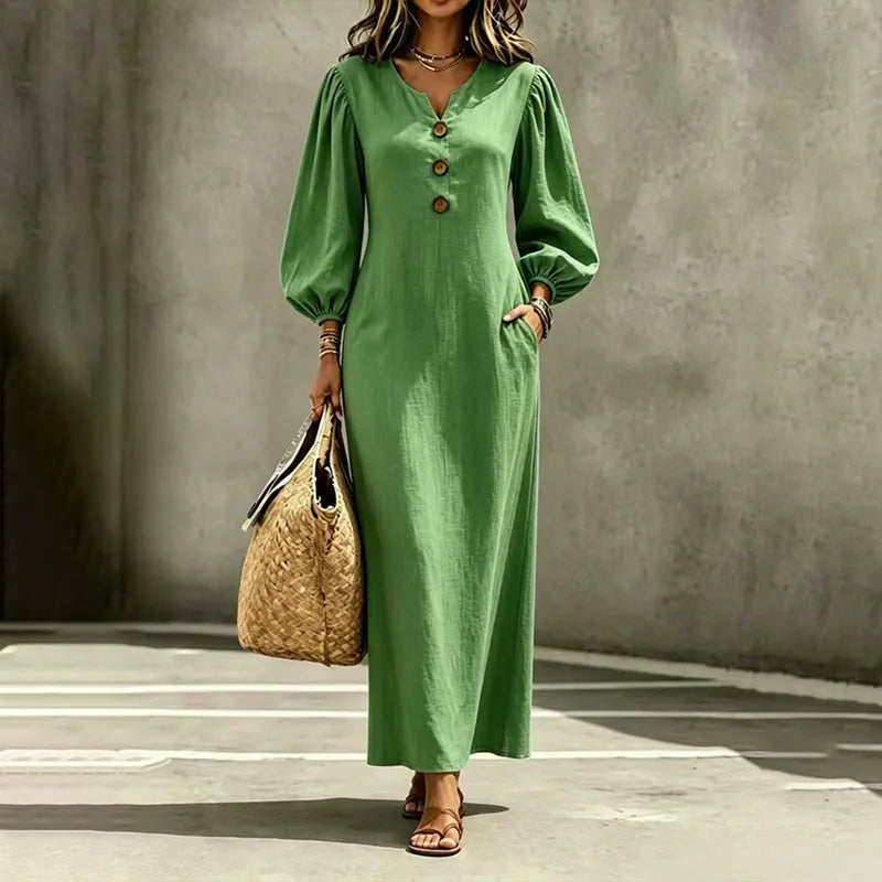 Vestido maxi mujer con escote en V y mangas abullonadas