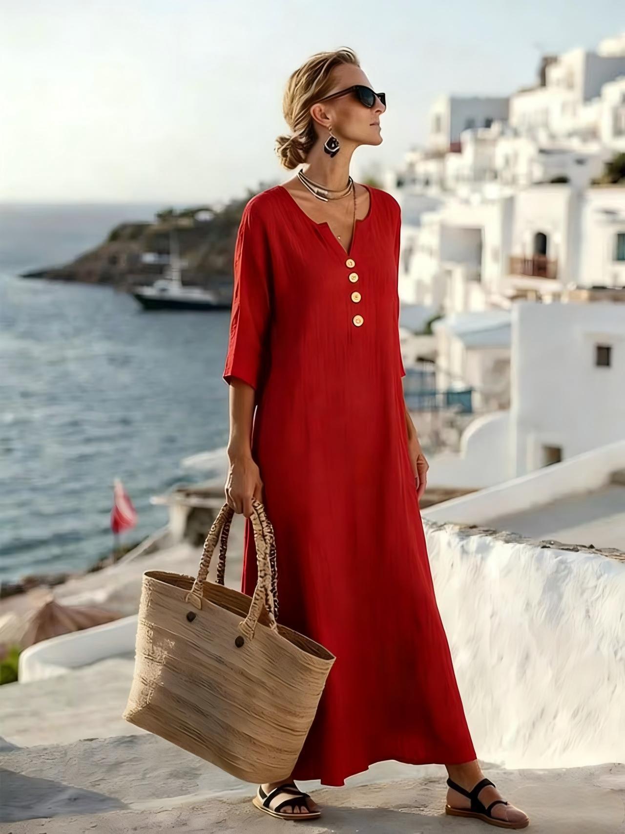 Vestido Mujer Algodón y Lino – Corte Fluido con Botones y Manga 3/4