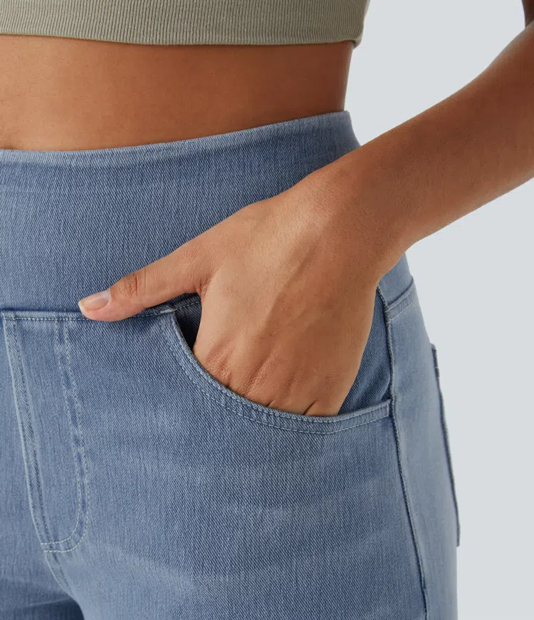 Jean mujer pierna ancha talle alto denim elástico moldeador casual moderno