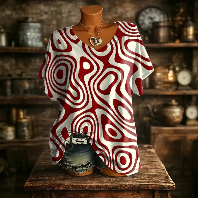 Camiseta mujer con estampado abstracto y cuello en V