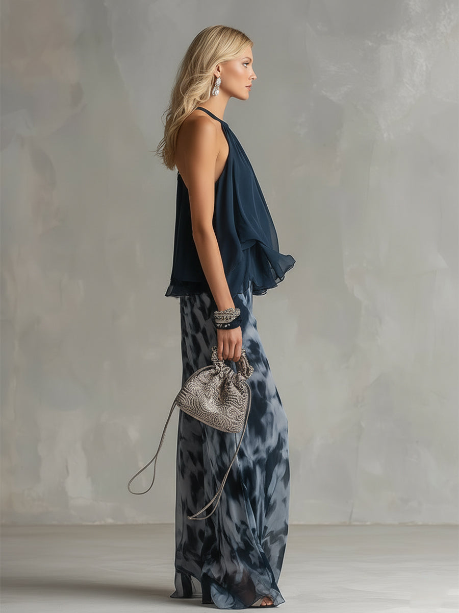 Conjunto dos piezas mujer chiffon top halter volantes pantalón ancho elegante