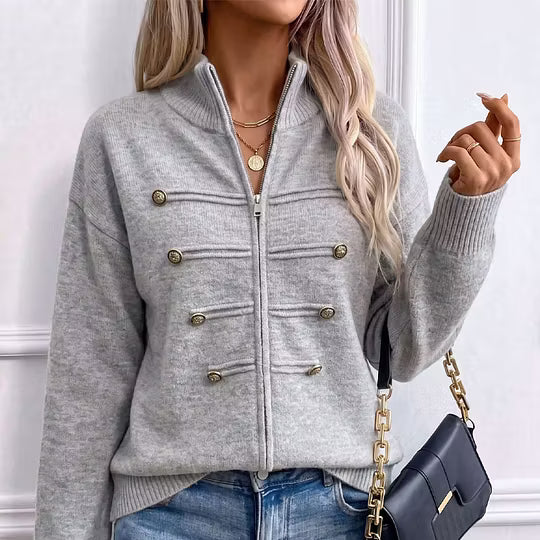 Cárdigan de punto para mujer con cuello alto, cremallera y botones decorativos