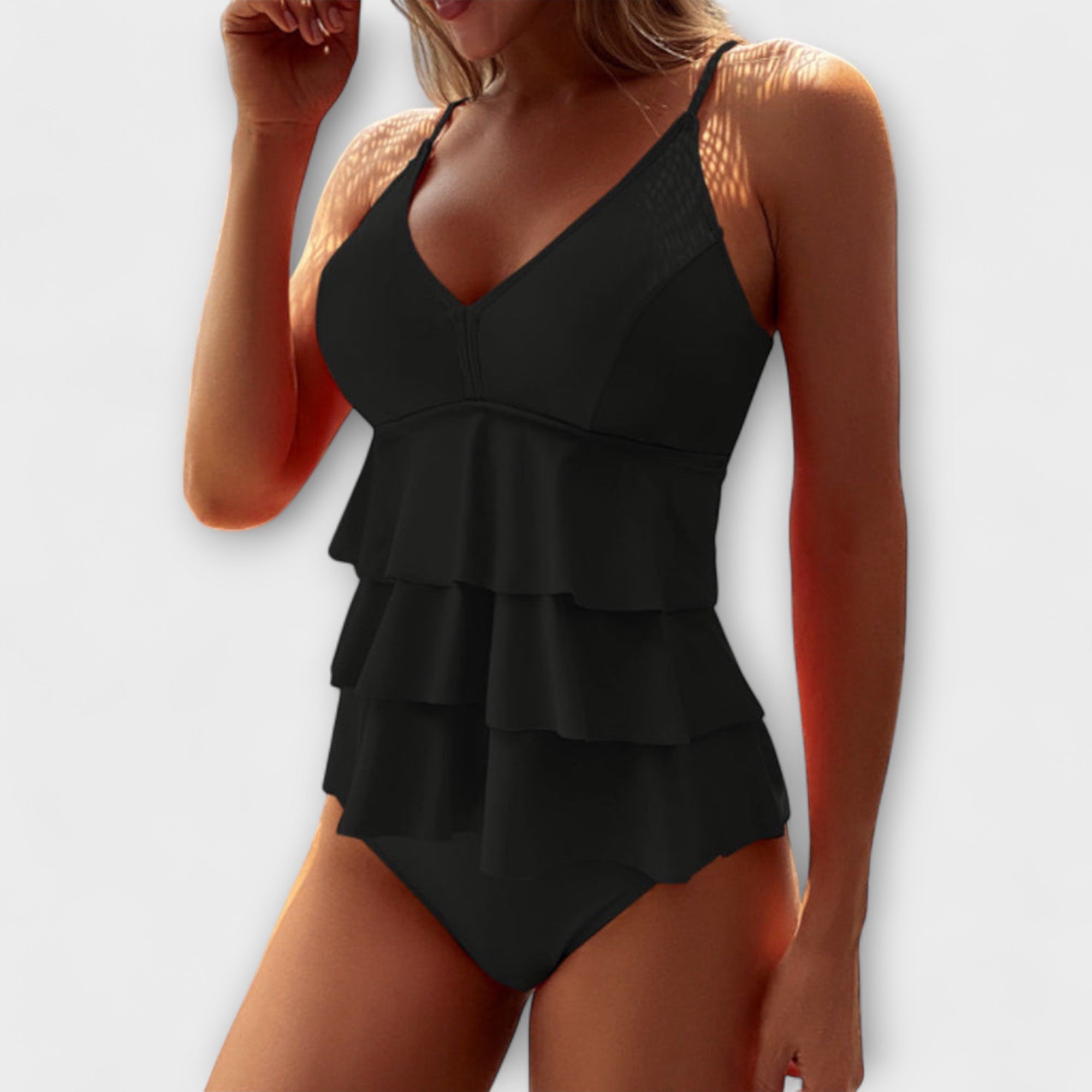 Tankini mujer una pieza volantes escalonados escote V liso elegante playa verano