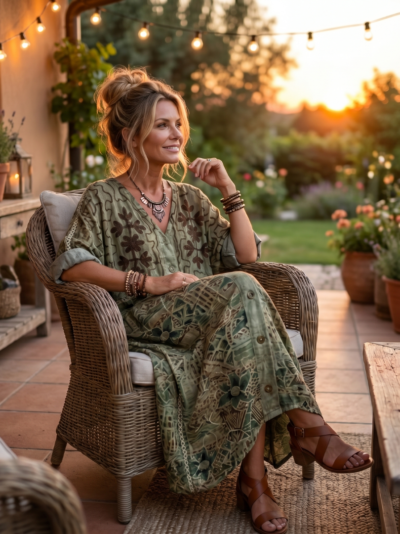 Vestido bohemio de mujer con botones y estampado floral