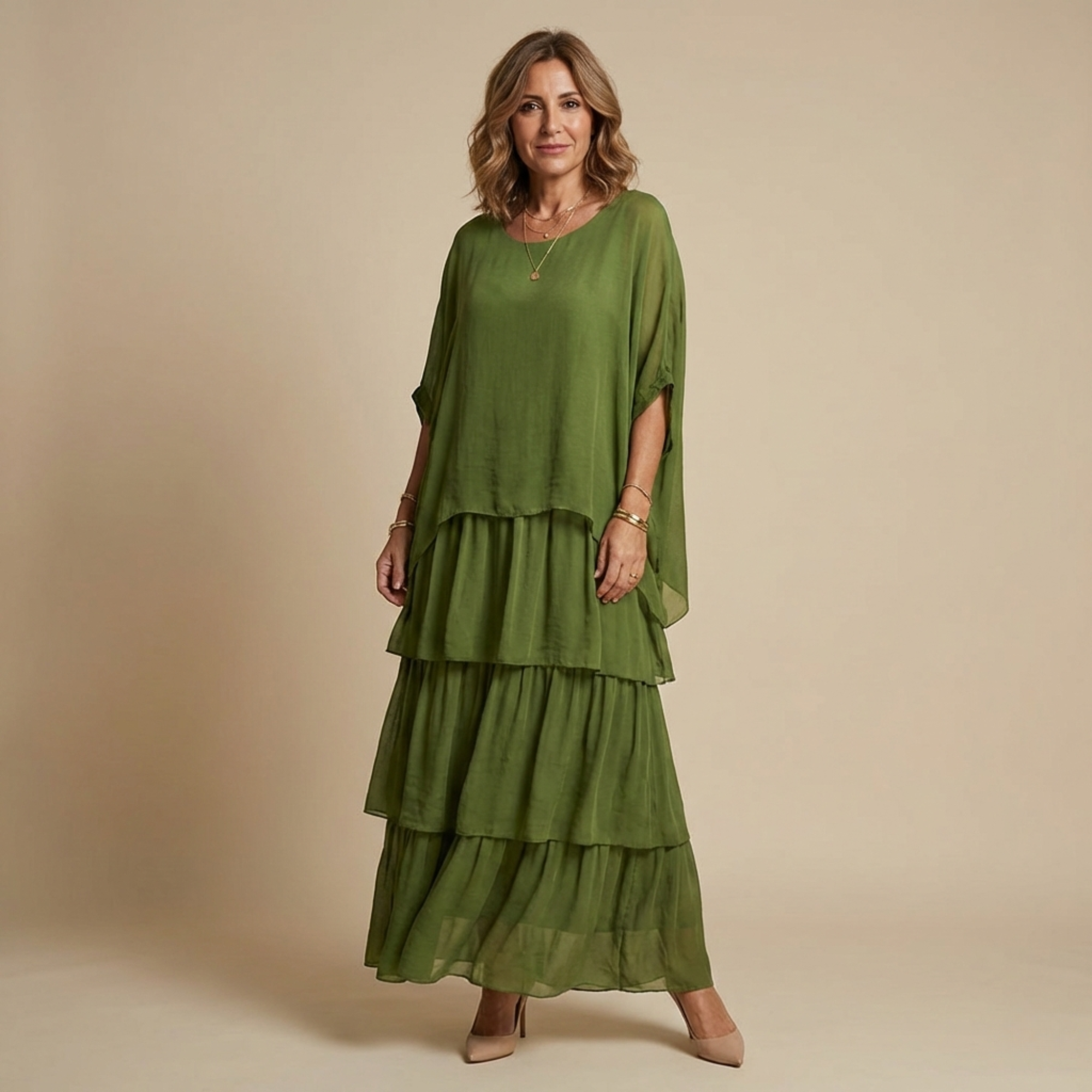 Vestido Largo Mujer Corte Amplio Elegante – Diseño Fluido en Capas y Manga Suelta