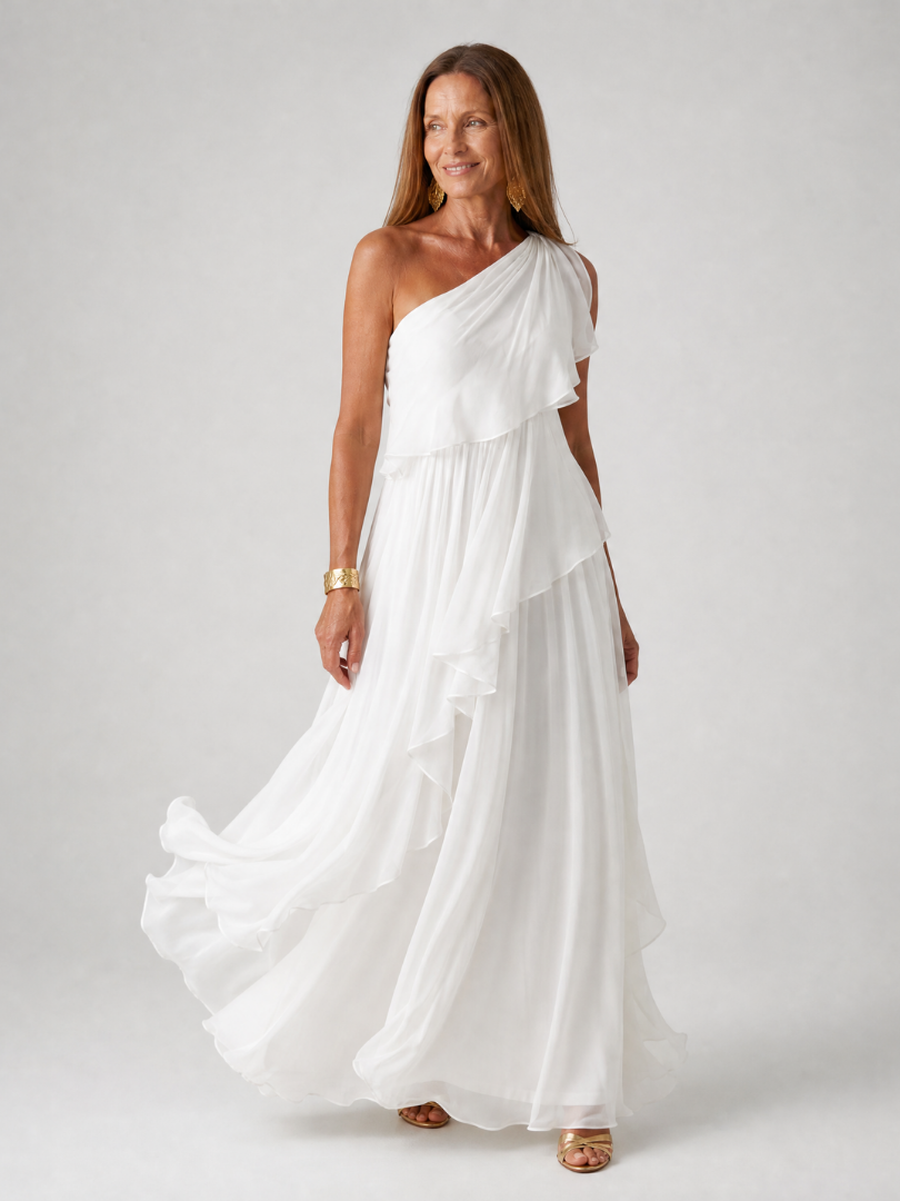 Vestido maxi asimétrico para mujer con volantes