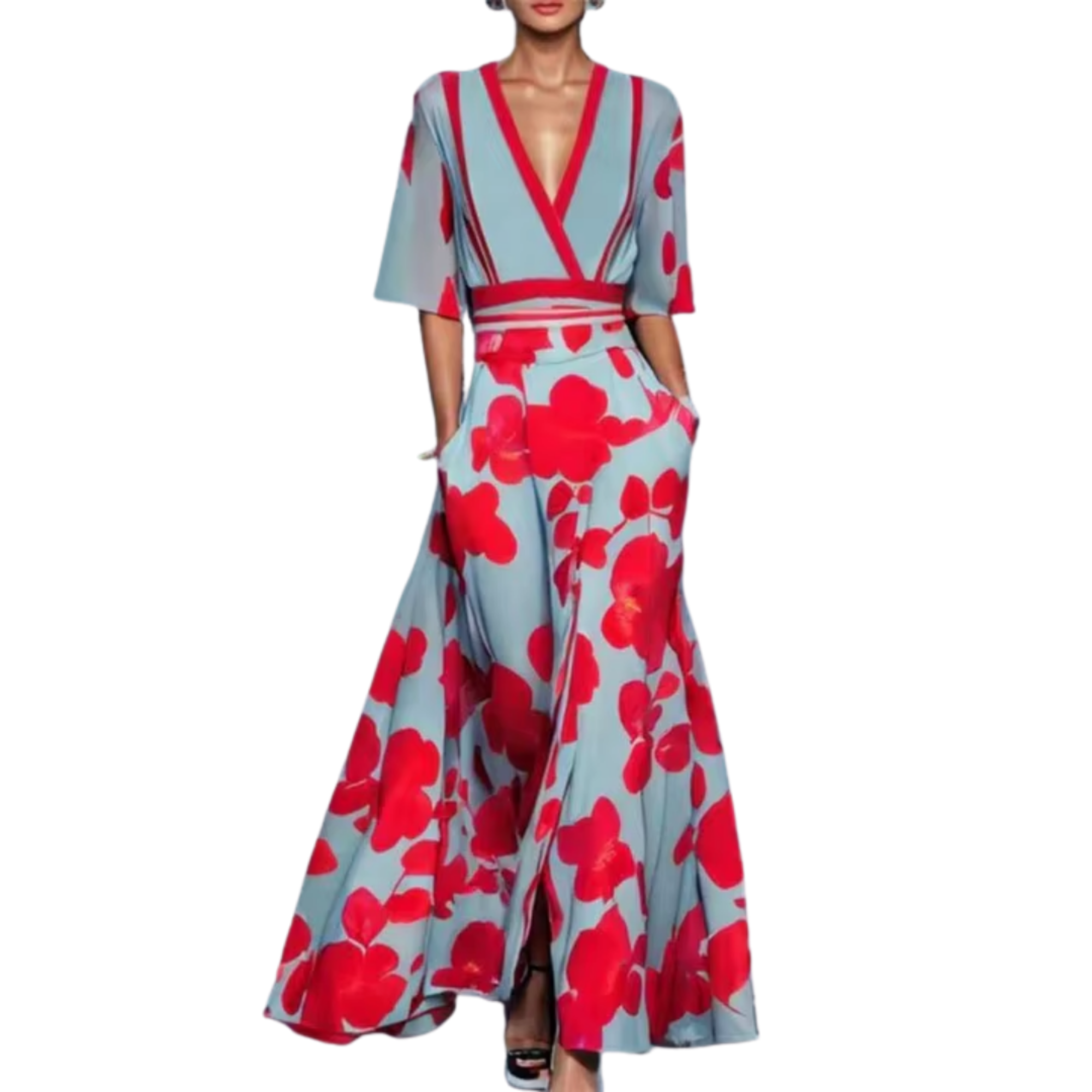 Vestido Largo Mujer Floral Elegante – Escote V y Cintura Ajustable