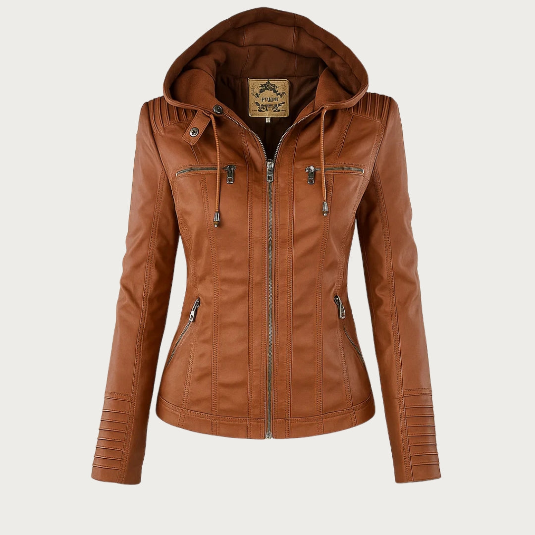 Chaqueta efecto cuero para mujer con capucha y cremallera