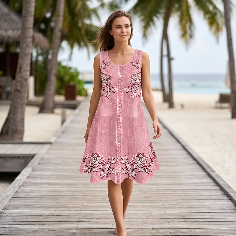 Vestido mujer sin mangas floral con botones y corte en A
