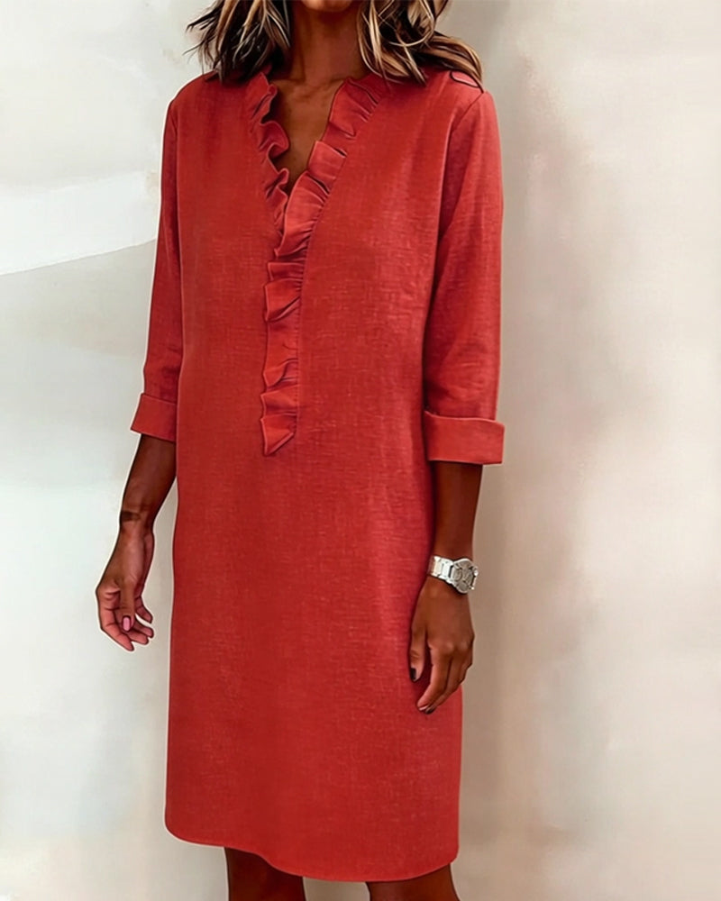 Vestido mujer lino algodón escote V volantes elegante casual