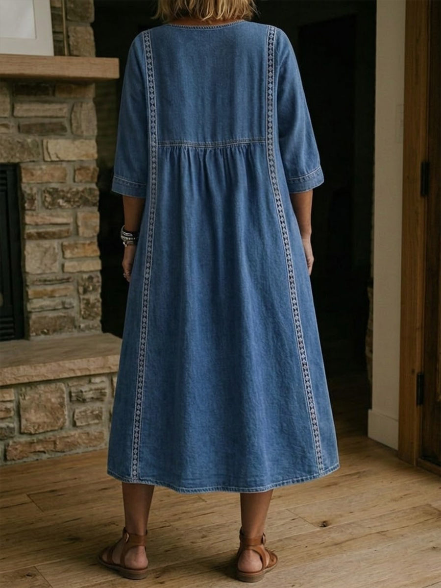 Vestido mujer denim fluido cuello V – vestido casual elegante encaje