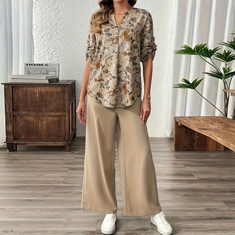 Conjunto Mujer Floral Elegante – Blusa Ligera con Pantalón Fluido