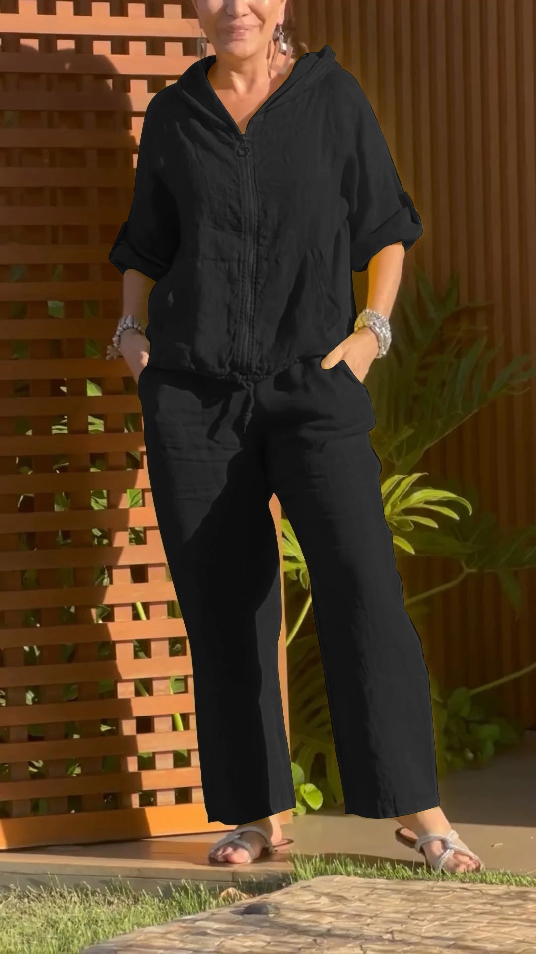 Conjunto Mujer Verano Casual – Algodón y Lino con Capucha y Cremallera