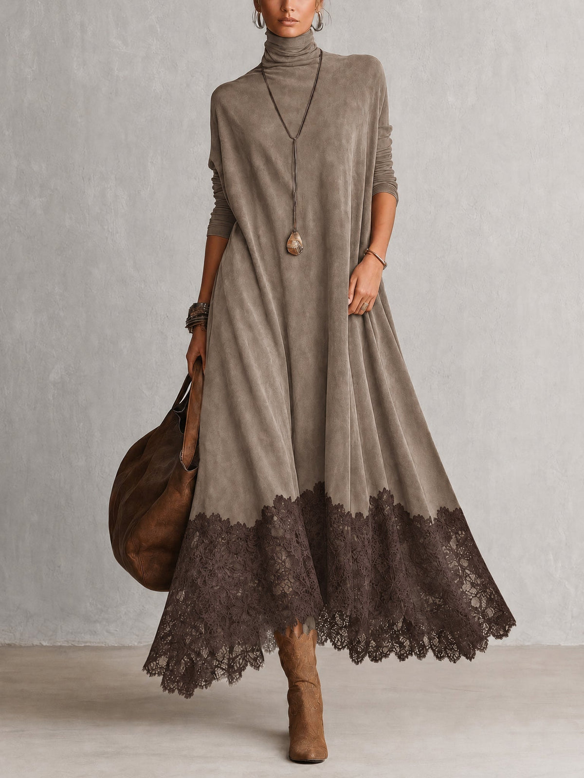 Vestido largo para mujer con cuello alto y bajo de encaje floral