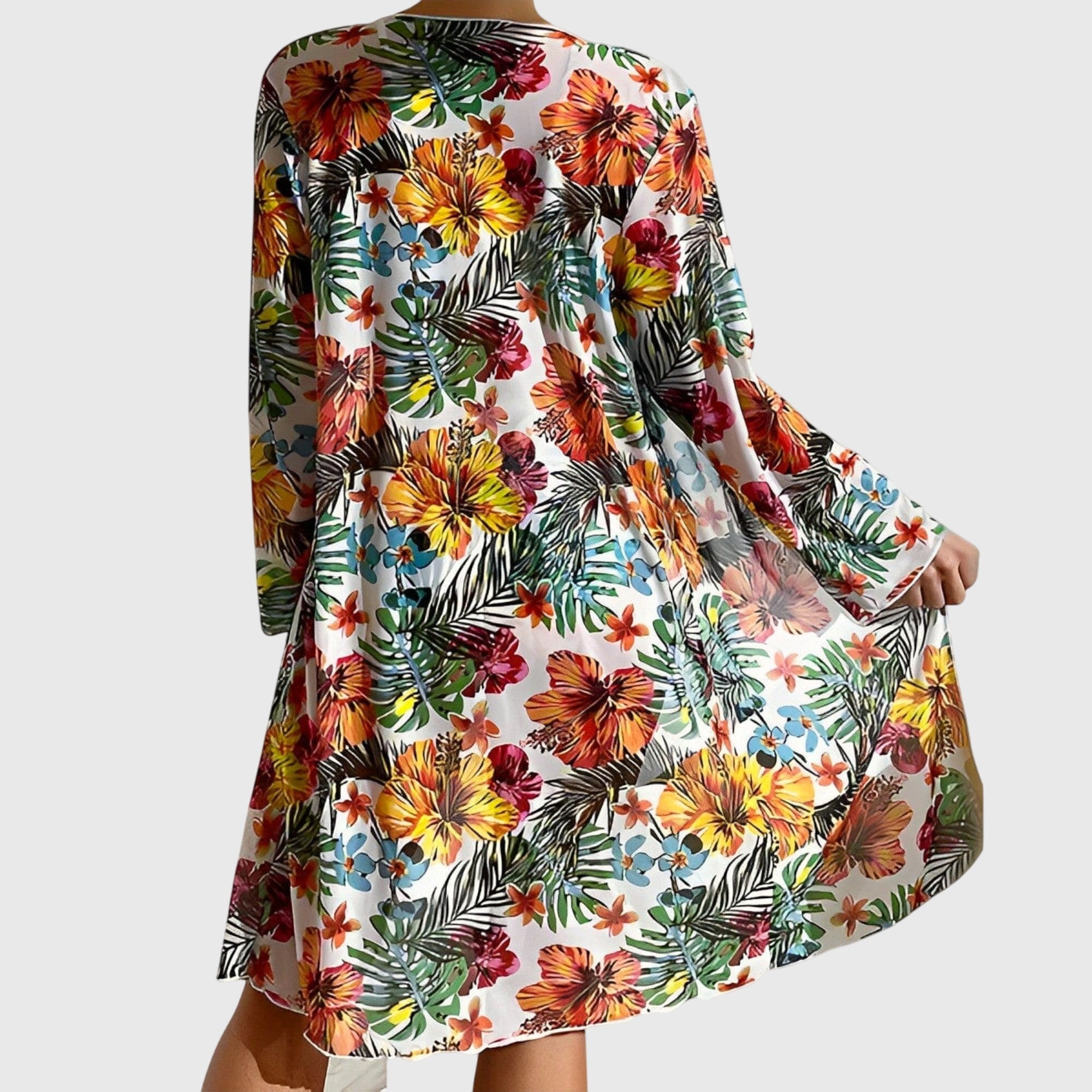Bikini tres piezas mujer tropical top lazo cintura alta kimono playa verano