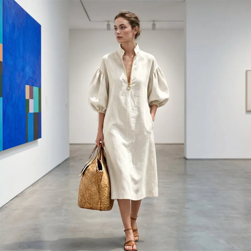 Vestido mujer fluido con mangas abullonadas y cremallera