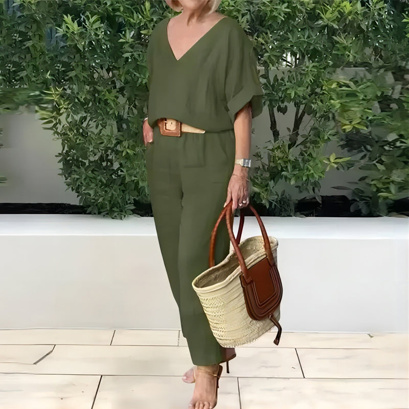 Conjunto mujer cuello V pantalón recto bolsillos casual chic