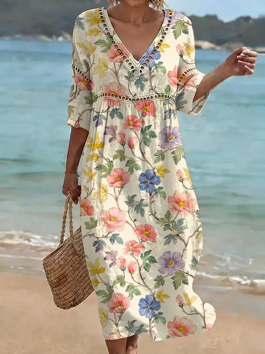 Vestido midi mujer floral con escote en V y mangas 3/4