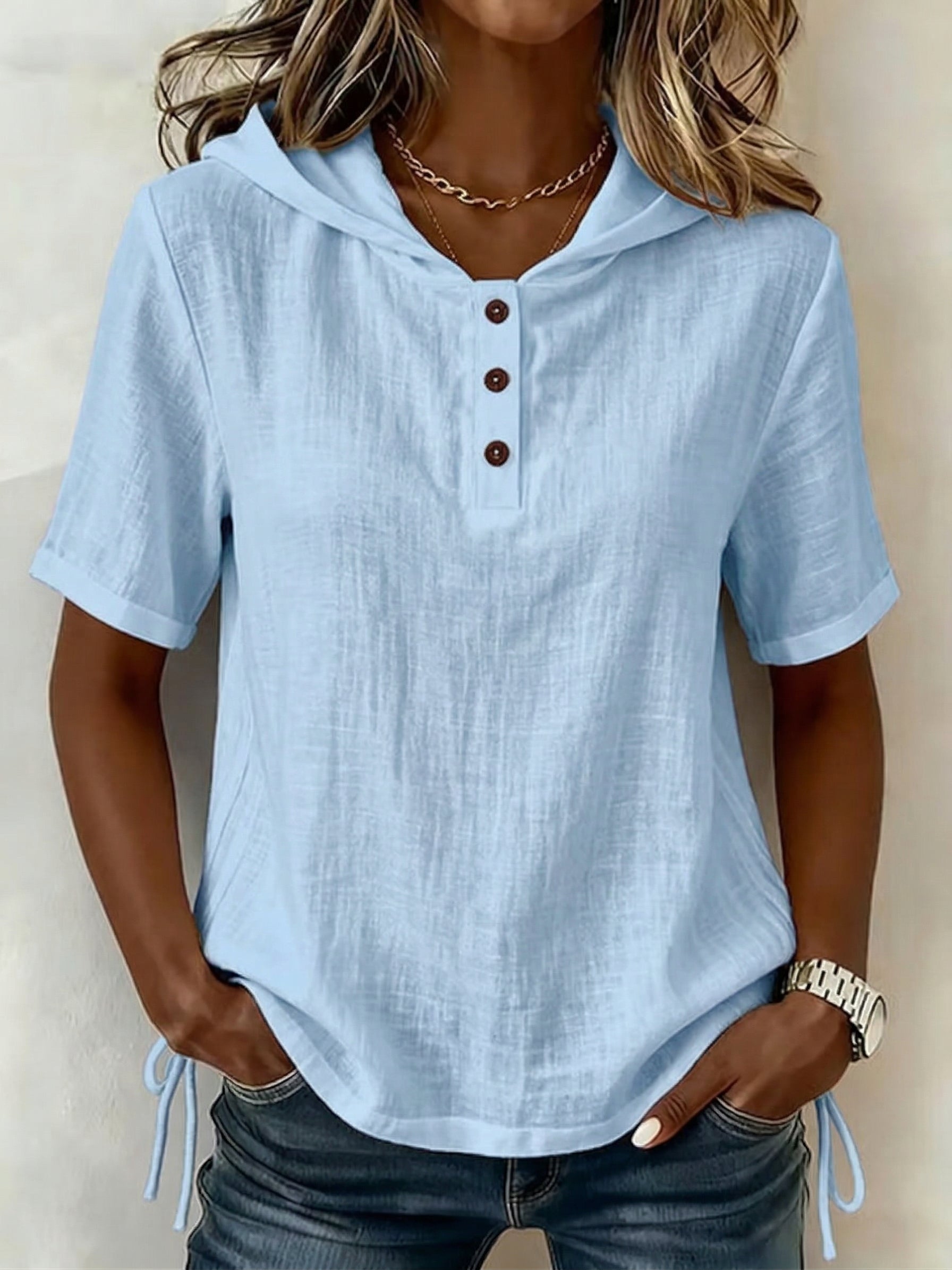 Top mujer con capucha botones manga corta – casual cómodo verano