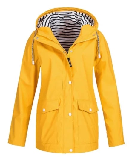 Chaqueta impermeable de mujer con capucha y bolsillos frontales
