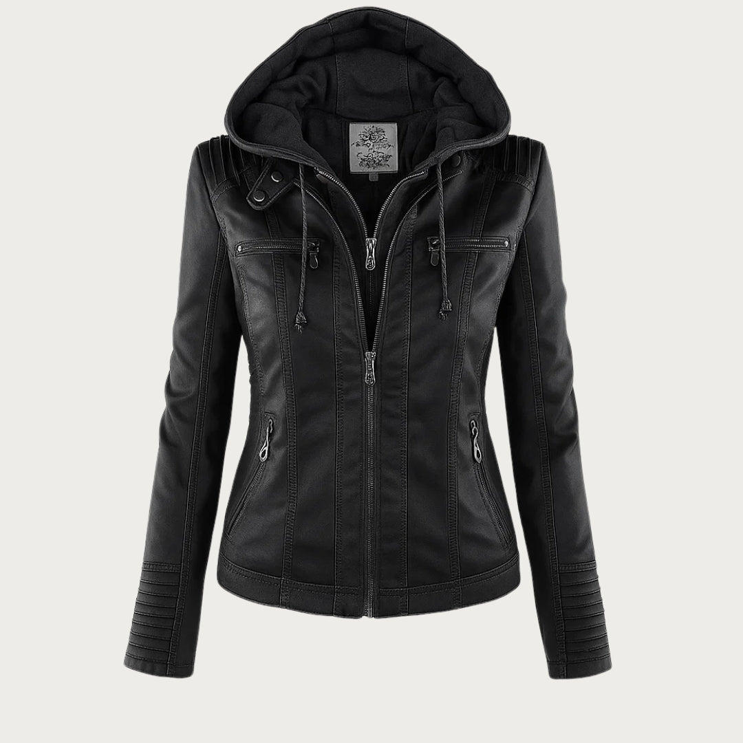 Chaqueta efecto cuero para mujer con capucha y cremallera