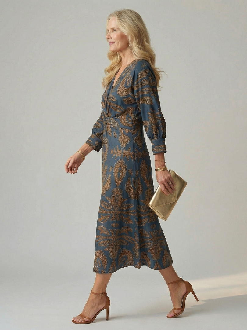 Vestido Midi Mujer Elegante – Corte Cruzado y Cintura Ajustada