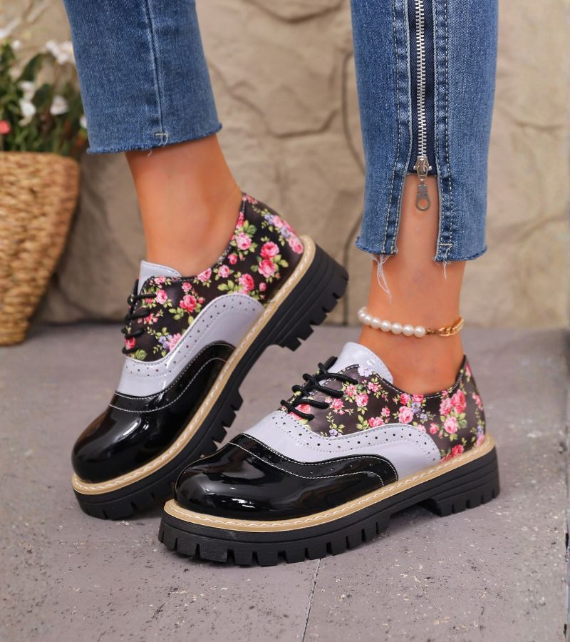 Zapatos Oxford de mujer con estampado floral y suela gruesa
