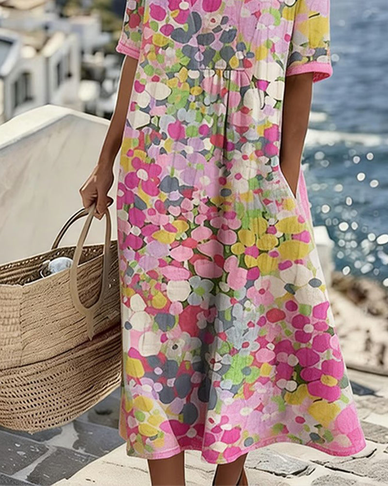 Vestido midi mujer algodón lino estampado flores abstractas bolsillos verano