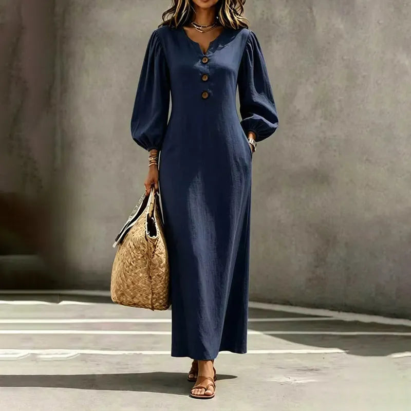 Vestido maxi mujer con escote en V y mangas abullonadas