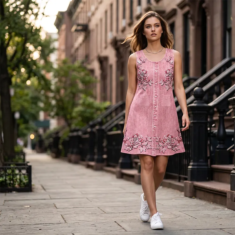 Vestido mujer sin mangas floral con botones y corte en A
