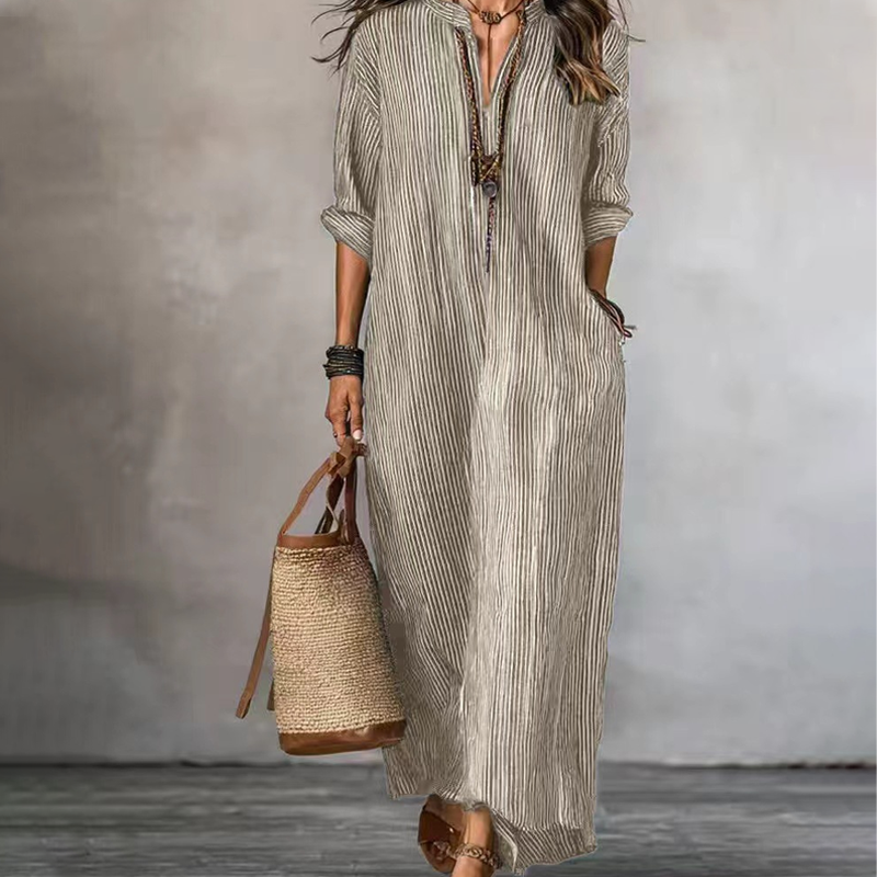 Vestido maxi mujer rayado con escote en V y corte fluido