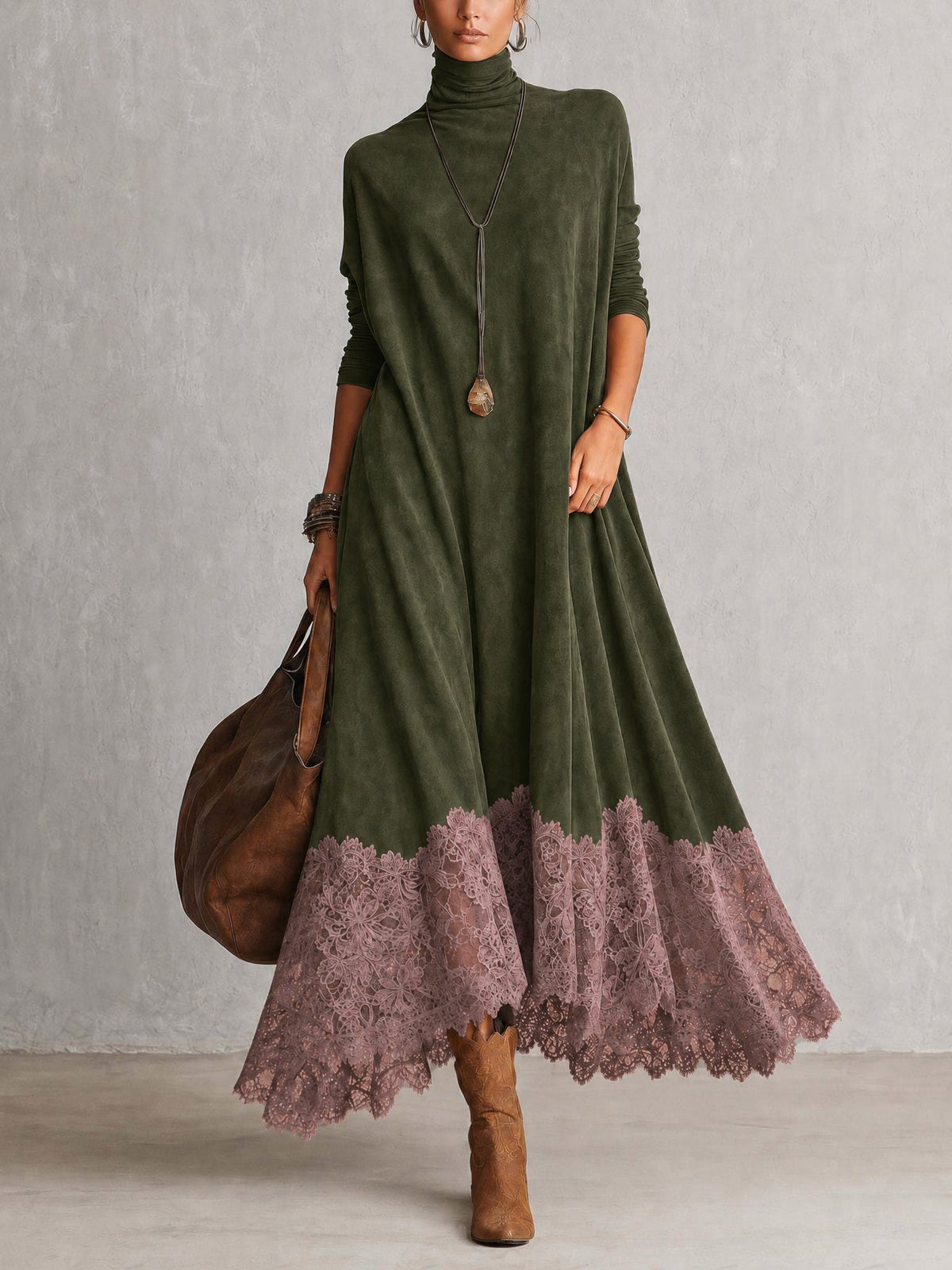 Vestido largo para mujer con cuello alto y bajo de encaje floral