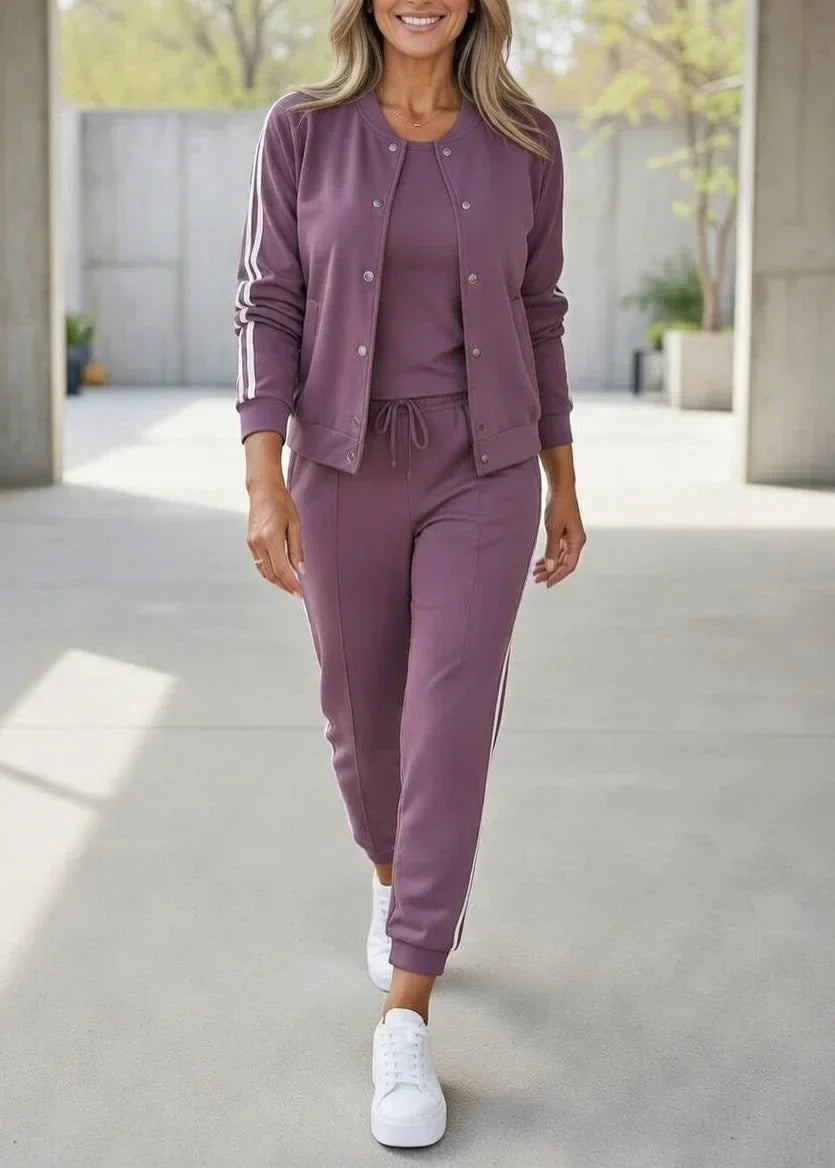 Conjunto mujer 3 piezas sport chic – chaqueta pantalón rayas elegantes