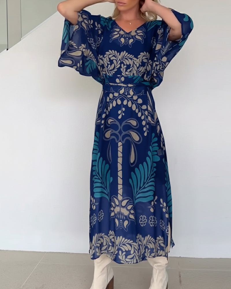Vestido bohemio mujer maxi estampado hojas fluido elegante