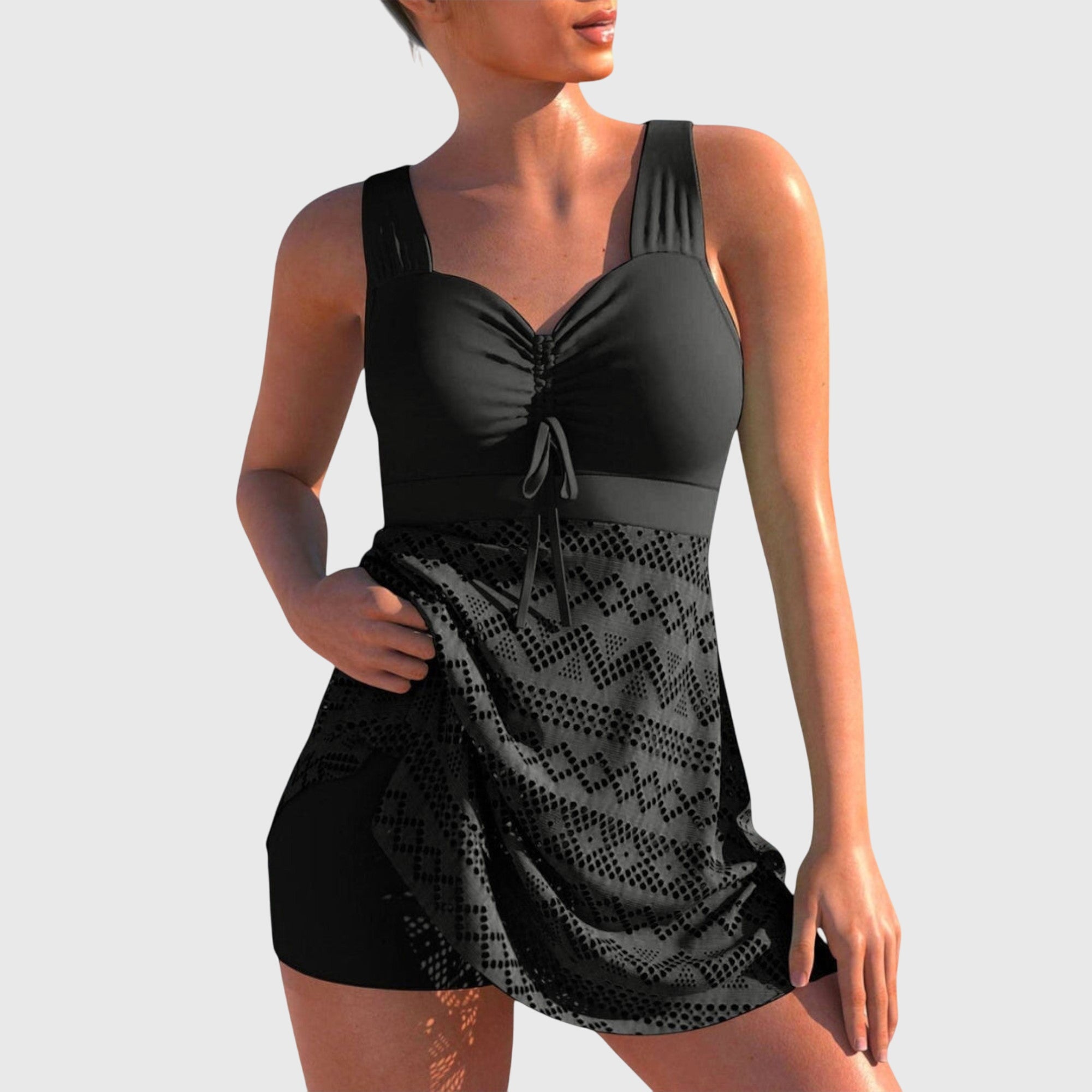 Tankini mujer top fruncido cordón falda calada encaje liso playa verano elegante