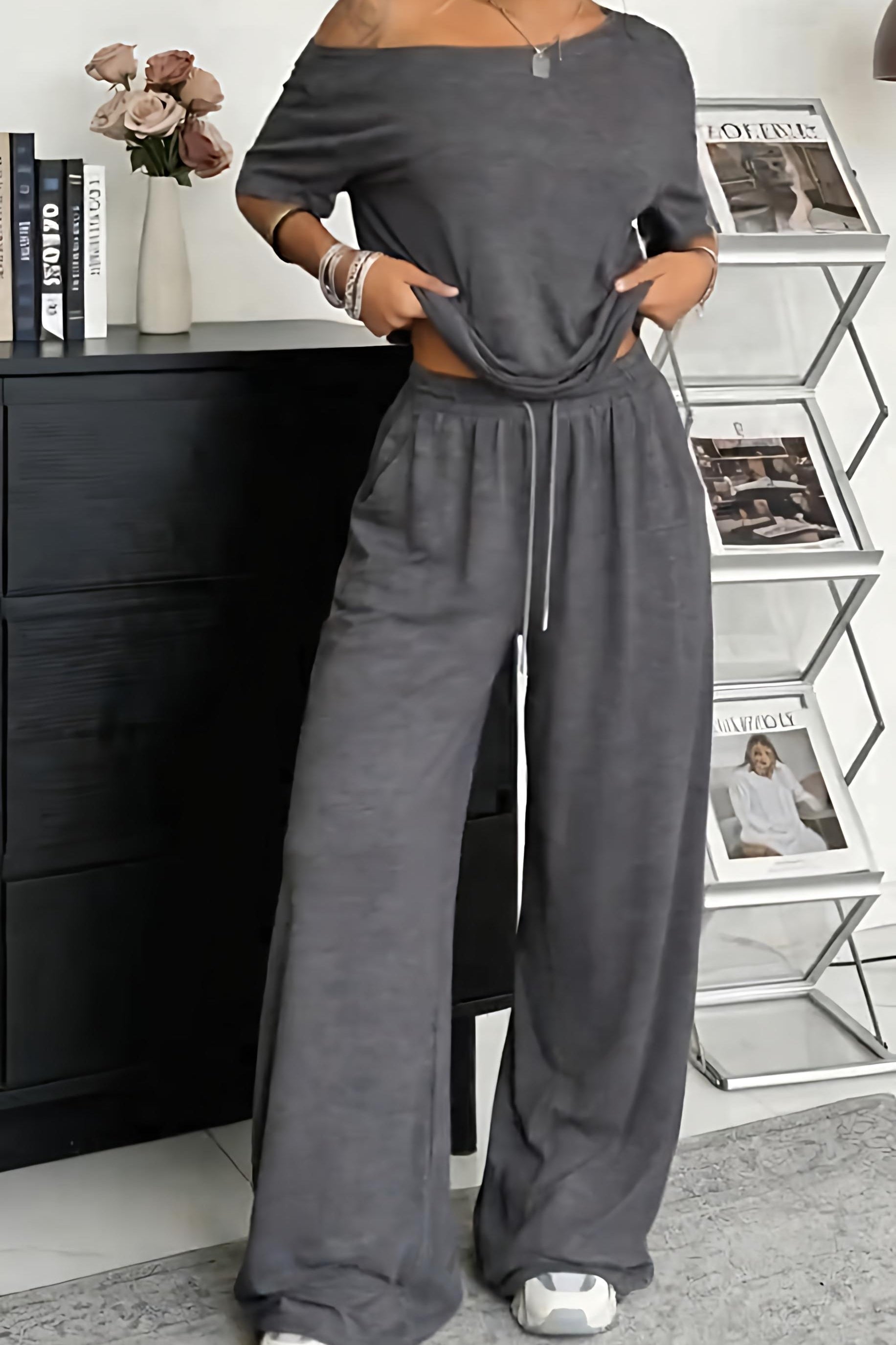 Conjunto mujer hombro descubierto pantalón amplio casual