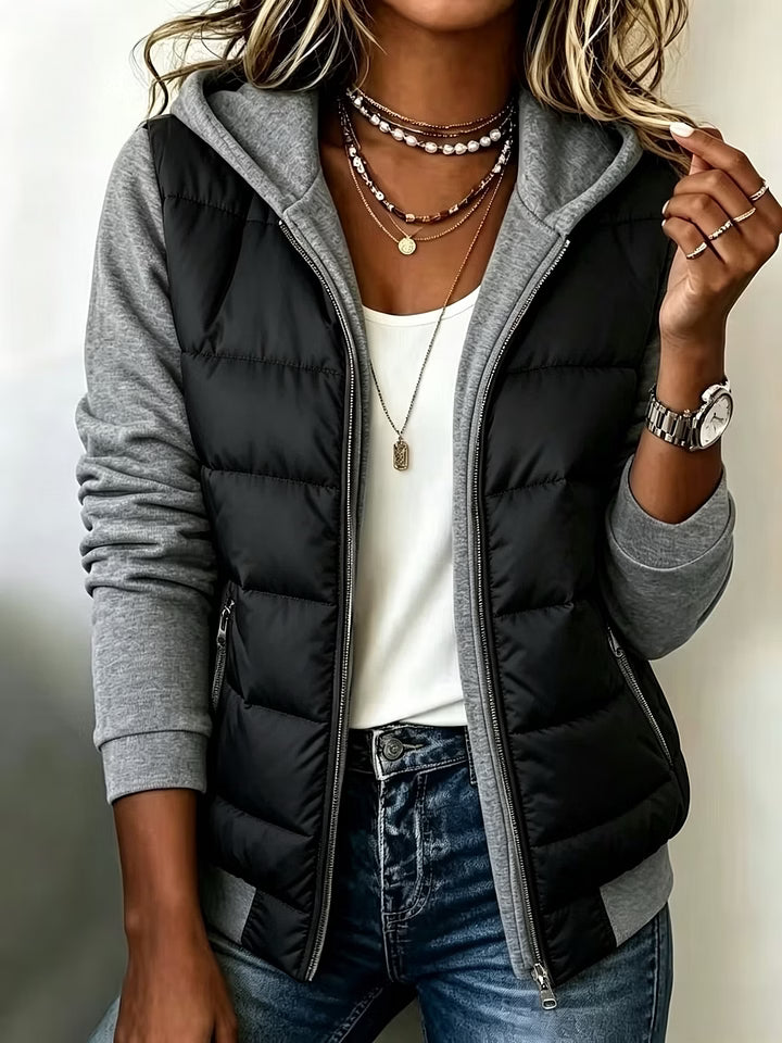 Chaqueta acolchada bicolor para mujer con capucha y cremallera