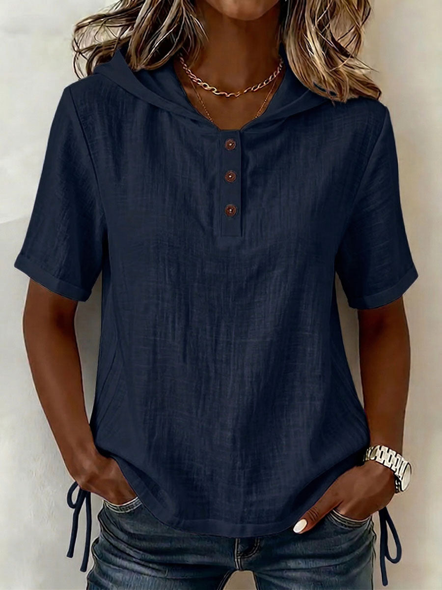 Top mujer con capucha botones manga corta – casual cómodo verano