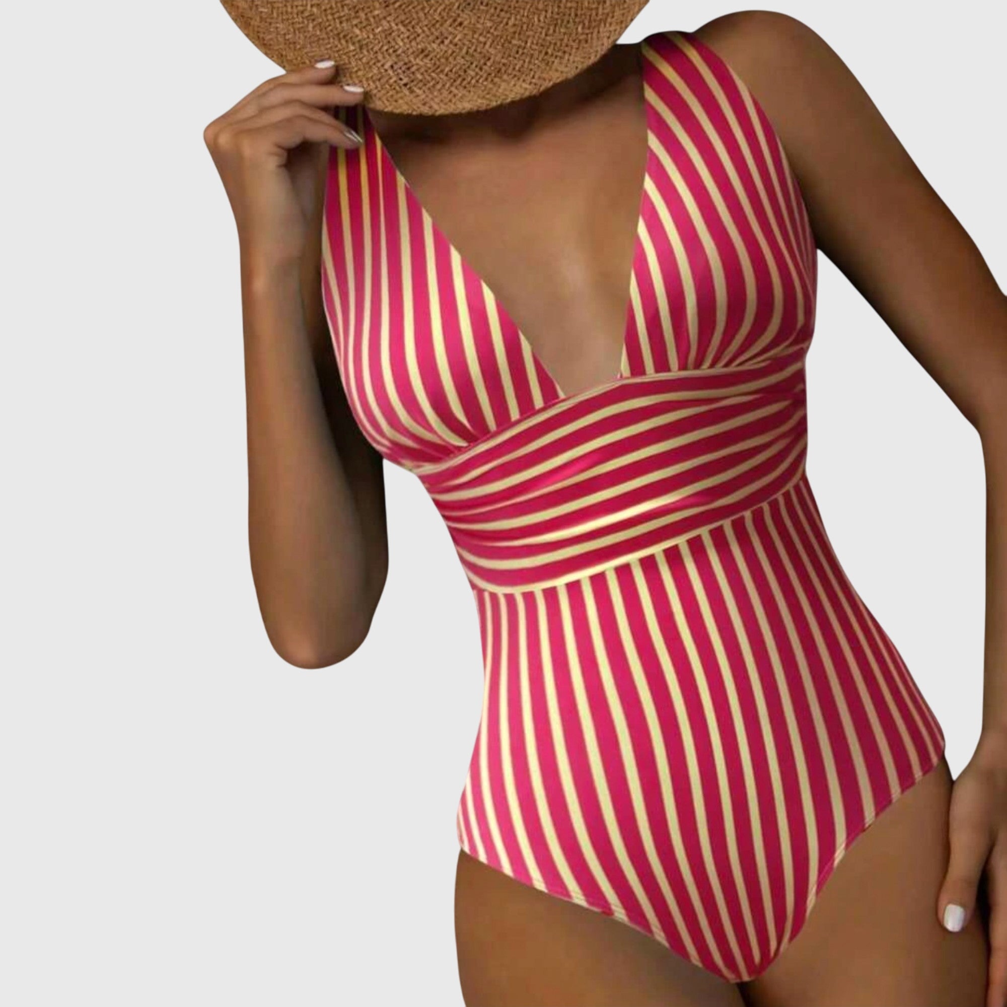 Bañador mujer una pieza rayas escote V profundo moldeador cintura elegante playa