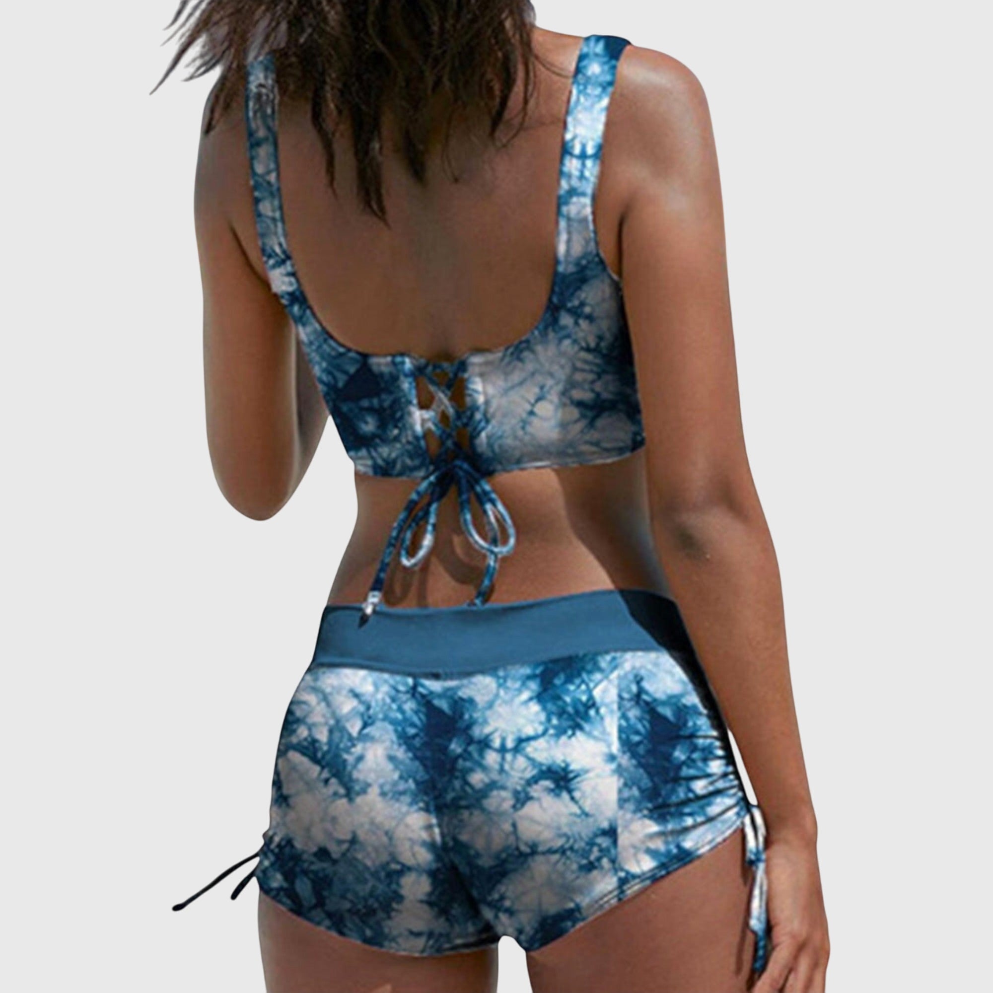 Bikini mujer dos piezas estampado camuflaje top cruzado shorts fruncidos playa