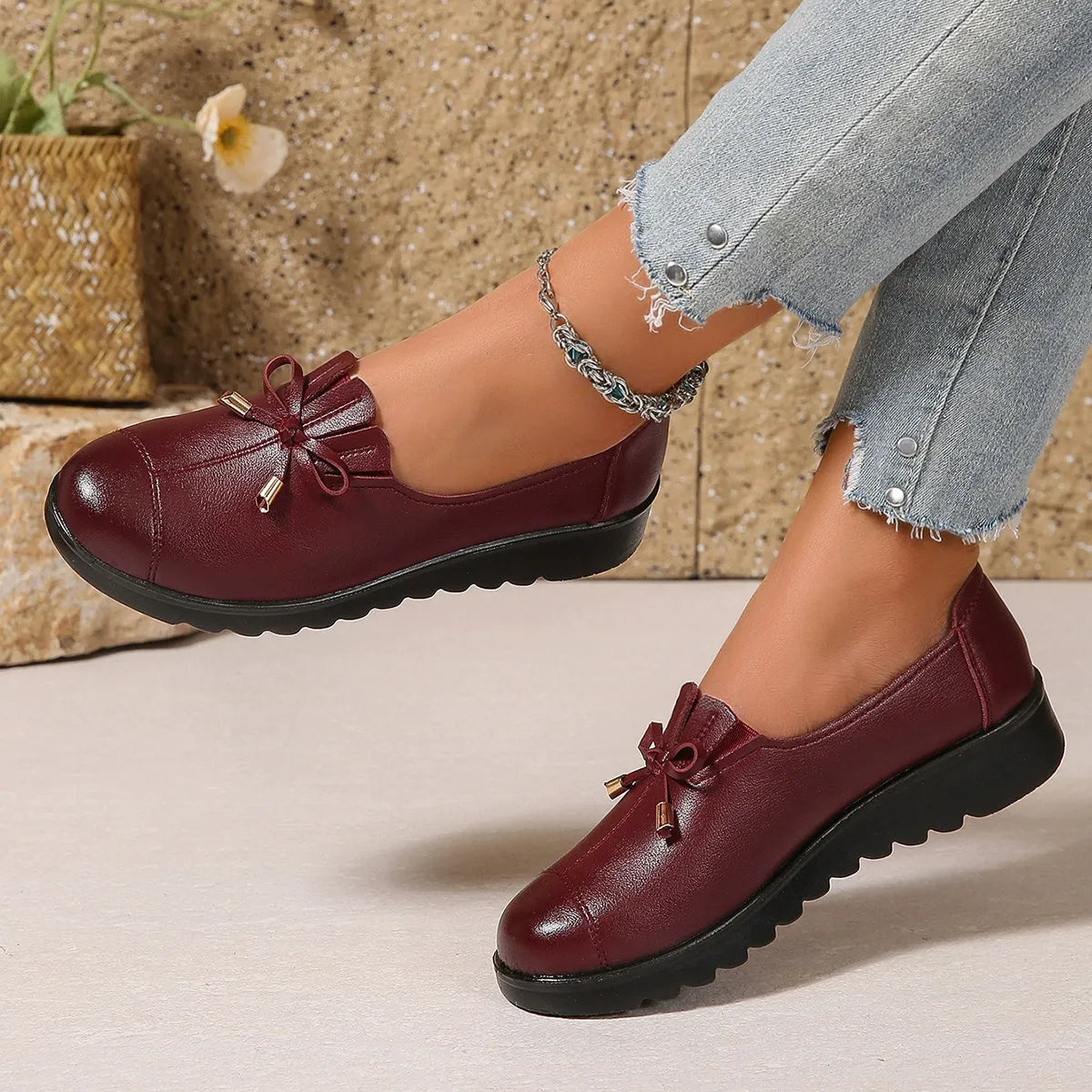 Mocasines para mujer con lazo decorativo y suela de plataforma